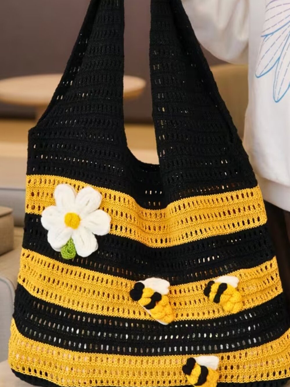 Crochet Tote Bag Unlined Bee & Daisy Applique Black & Yellow Striped Retro 70s